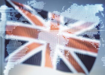 Digital world map overlay with United Kingdom flag – BIC Immigration global UK visa and relocation services