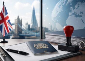 UK Skilled Worker visa application documents with passport and London skyline representing Skilled Worker visa refusals and immigration compliance