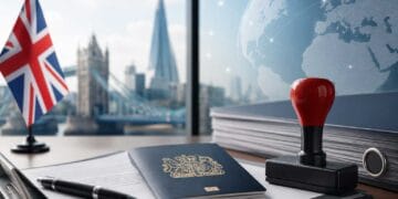 UK Skilled Worker visa application documents with passport and London skyline representing Skilled Worker visa refusals and immigration compliance