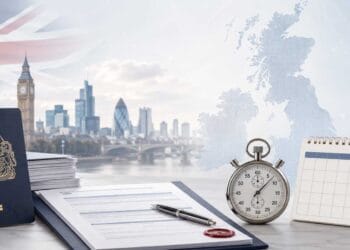 British citizenship priority service banner with UK passport, application documents, stopwatch, calendar, London skyline and scales of justice