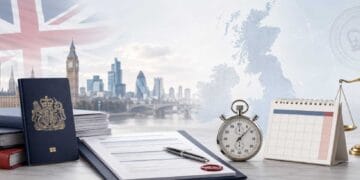 British citizenship priority service banner with UK passport, application documents, stopwatch, calendar, London skyline and scales of justice