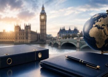 Professional office workspace with legal documents, a globe, and London’s Big Ben in the background, representing UK sponsor licence compliance and overseas recruitment.