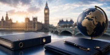 Professional office workspace with legal documents, a globe, and London’s Big Ben in the background, representing UK sponsor licence compliance and overseas recruitment.
