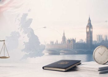 UK immigration and British citizenship themed banner with London skyline, UK map, scales of justice, passport, documents, clock and calendar
