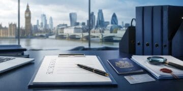 UK right to work compliance documents with passport, checklist and London skyline