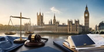 UK Immigration and Asylum Bill concept with Parliament, legal scales, gavel and passport