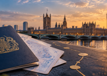 UK earned settlement immigration concept with passport, London Parliament and Big Ben