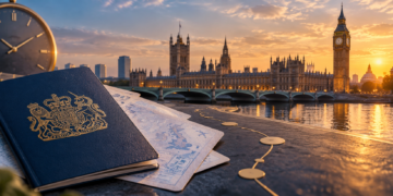 UK earned settlement immigration concept with passport, London Parliament and Big Ben