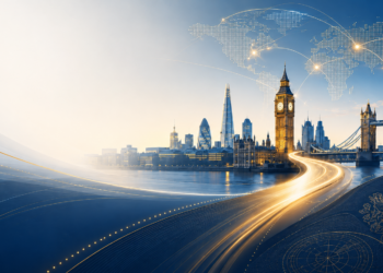 UK Global Talent Visa concept featuring London skyline, Big Ben, Tower Bridge and global connections.