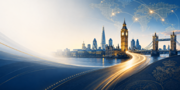 UK Global Talent Visa concept featuring London skyline, Big Ben, Tower Bridge and global connections.