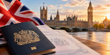 British citizenship registration concept with UK passport, Union Jack and London Parliament skyline