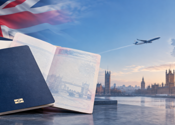 UK immigration rules travel documents with Union Jack and London skyline